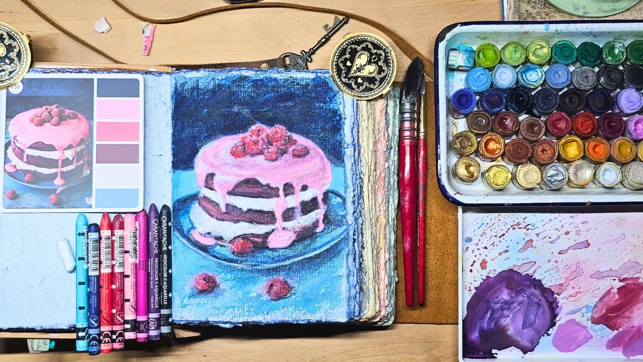 Picked a Color Cube Card, Let's paint a Cake in my Handmade Sketchbook