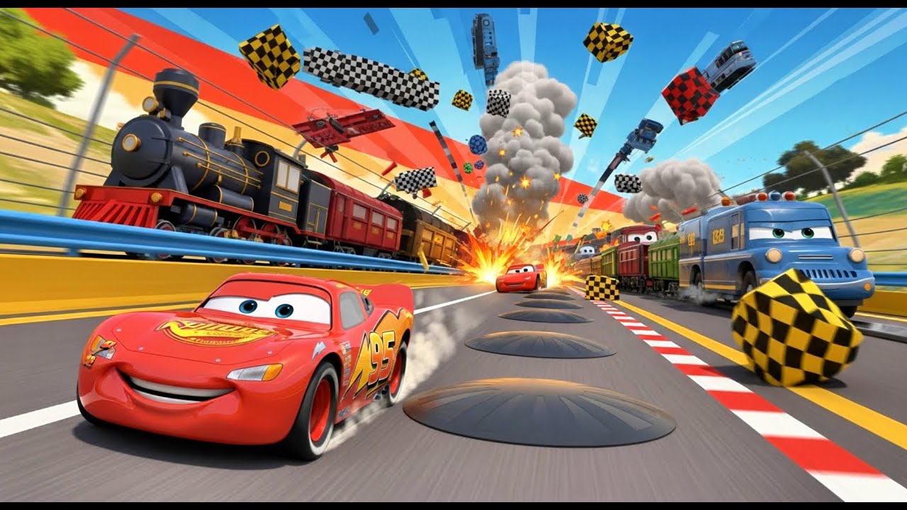 Triple Flatbed Trailer McQueen Transportation with Truck   Speedbumps vs Cars vs Train BeamNG #24