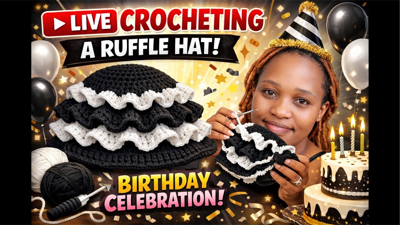 Birthday Crochet Live🥳/ Cozy Ruffle Hat in Black & White