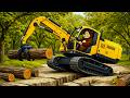 Yellow Excavator Moving Logs in the Forest with Bear Operator 🌲🐻🚜 | Heavy Equipment Scene