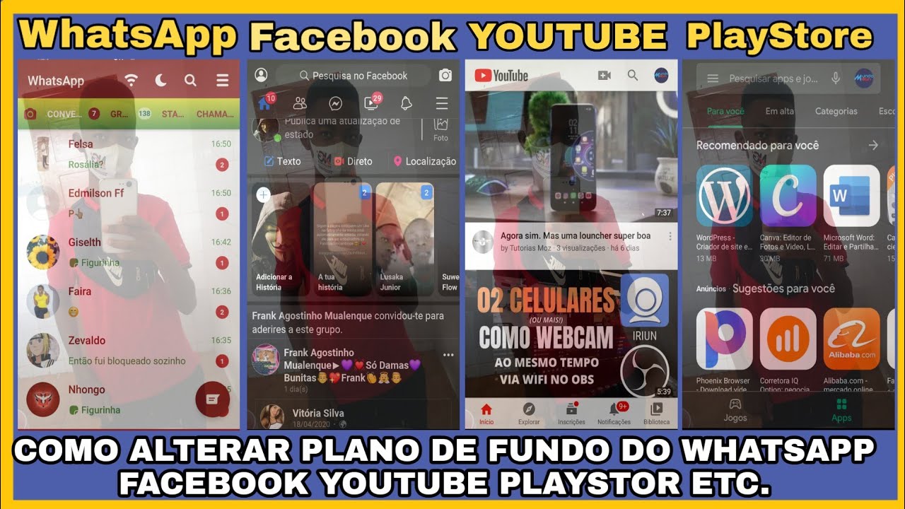 COMO ALTERAR PLANO DE FUNDO DO WHATSAPP FACEBOOK YOUTUBE PLAYSTORE ETC ...