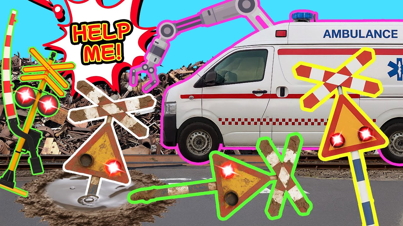 【踏切アニメ】泥穴に落ちた信号機! 救急車が大救出😂😂😂Muddy Rescue Story