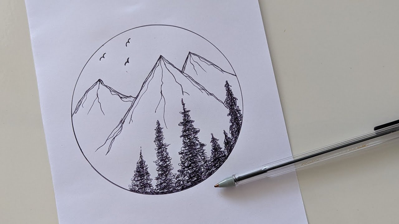 Como desenhar Montanhas com Pinheiros. Desenho de paisagens dentro do círculo bicolor.
