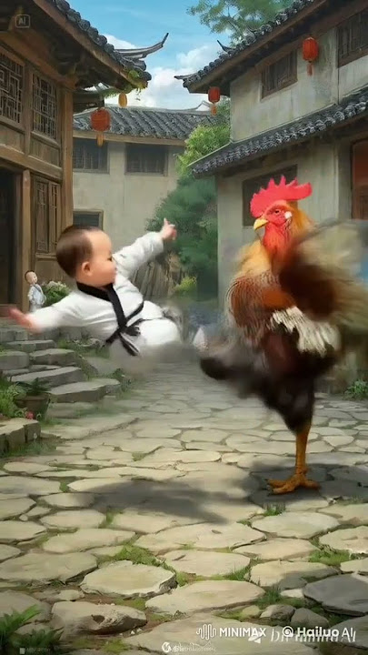 Bayi bertengkar dengan ayam jago, memakai jurus kungfu.
