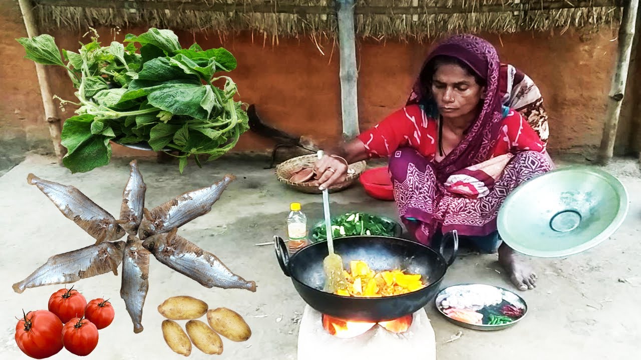 Testy dry fish curry and bottle gourd spinach fry cooking and eating