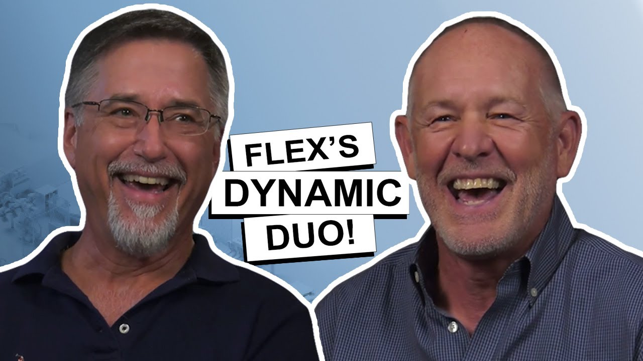A candid conversation between Don Robb and Jay Foster discussing manufacturing data analytics, shop floor visibility, and practical operational improvement, with both leaders smiling and laughing beside “Flex’s Dynamic Duo!” text.