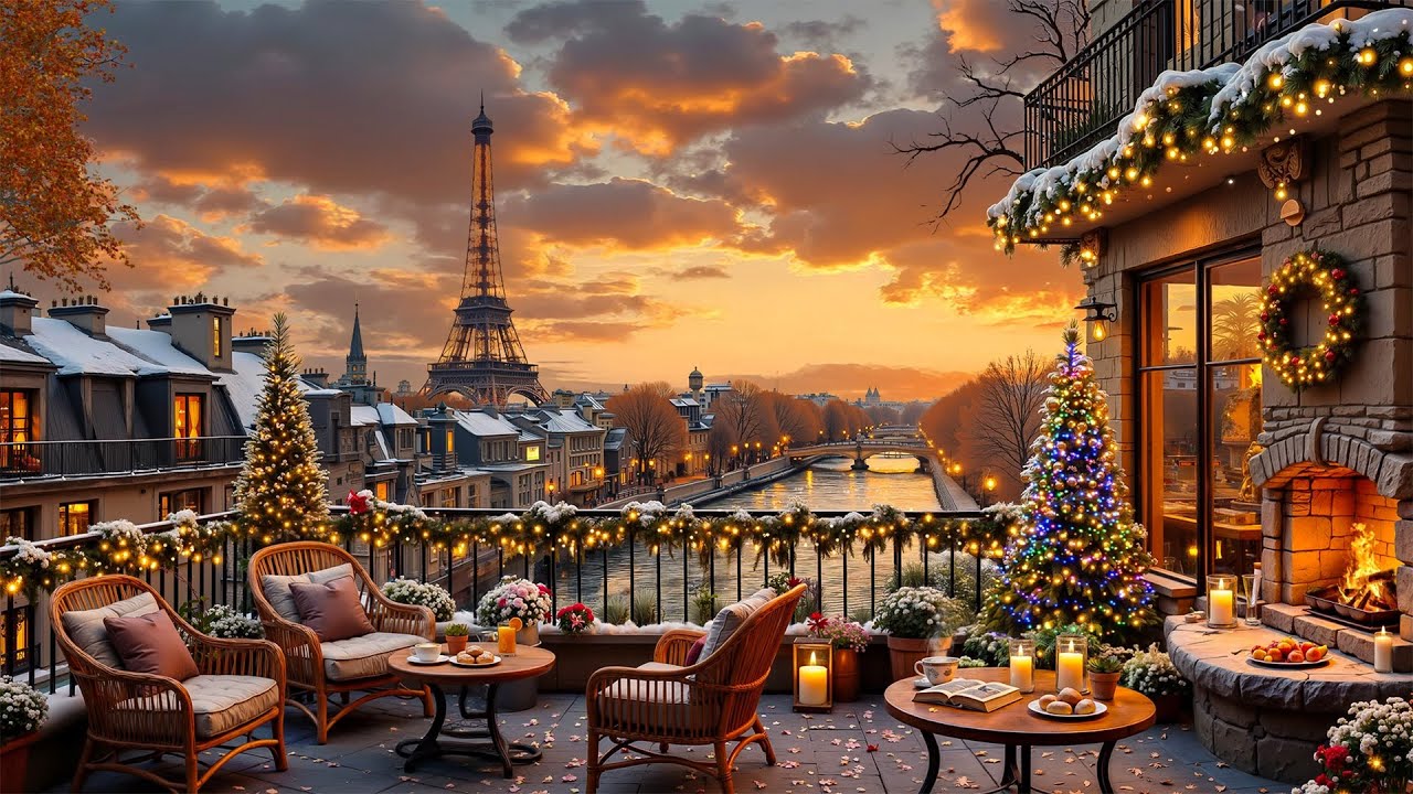 Paris Sunset Jazz Music 🌇 Peaceful Balcony View of the Eiffel Tower & Chill Winter Atmosphere