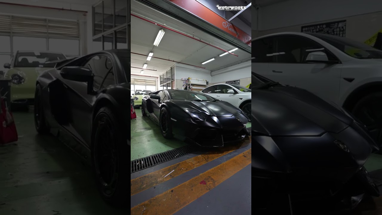 A Lamborghini in a matte black wrap with Wrapworks