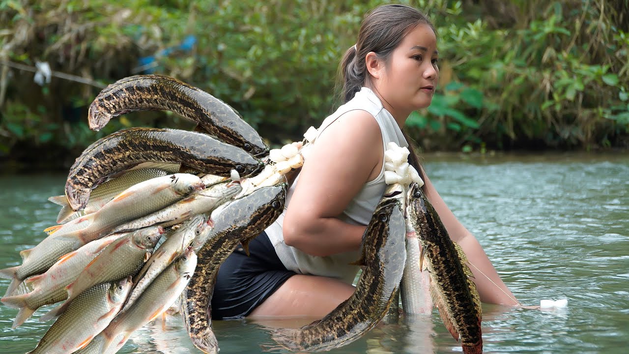 Girl Uses Fishing Hook to Catch Entire School of Snakehead and Bass in Wild Stream