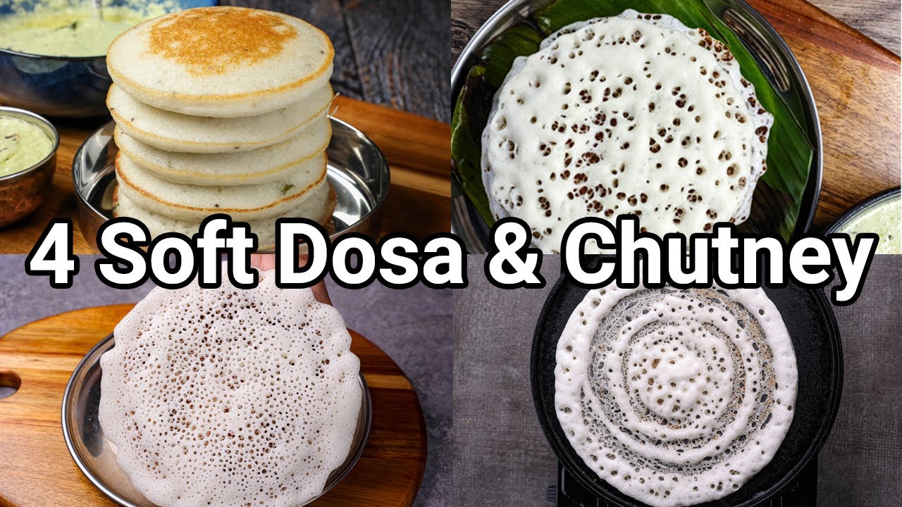 ⁣4 Instant Soft Dosa Recipes for Morning Breakfast with Spicy Chutney | Quick & Easy Hotel Style 