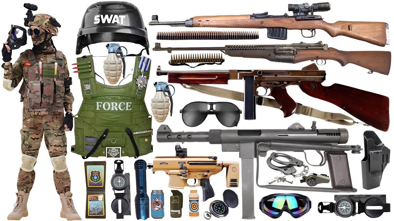 Special police weapon toy set unboxing, Light machine gun, carbine rifle, tactical helmet,Colt M1991