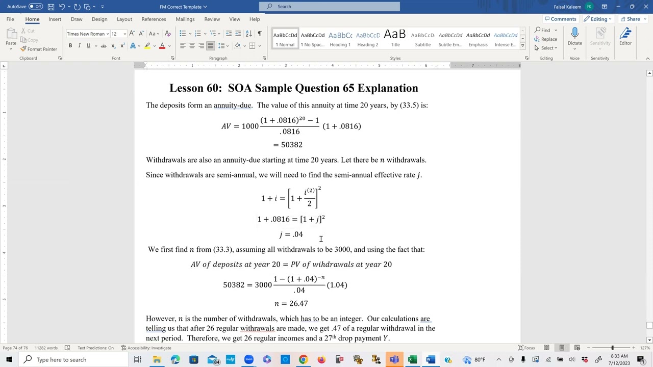 Actuarial SOA FM Exam Prep Lesson 60: SOA Sample Question 65 Solution (Drop Payment)