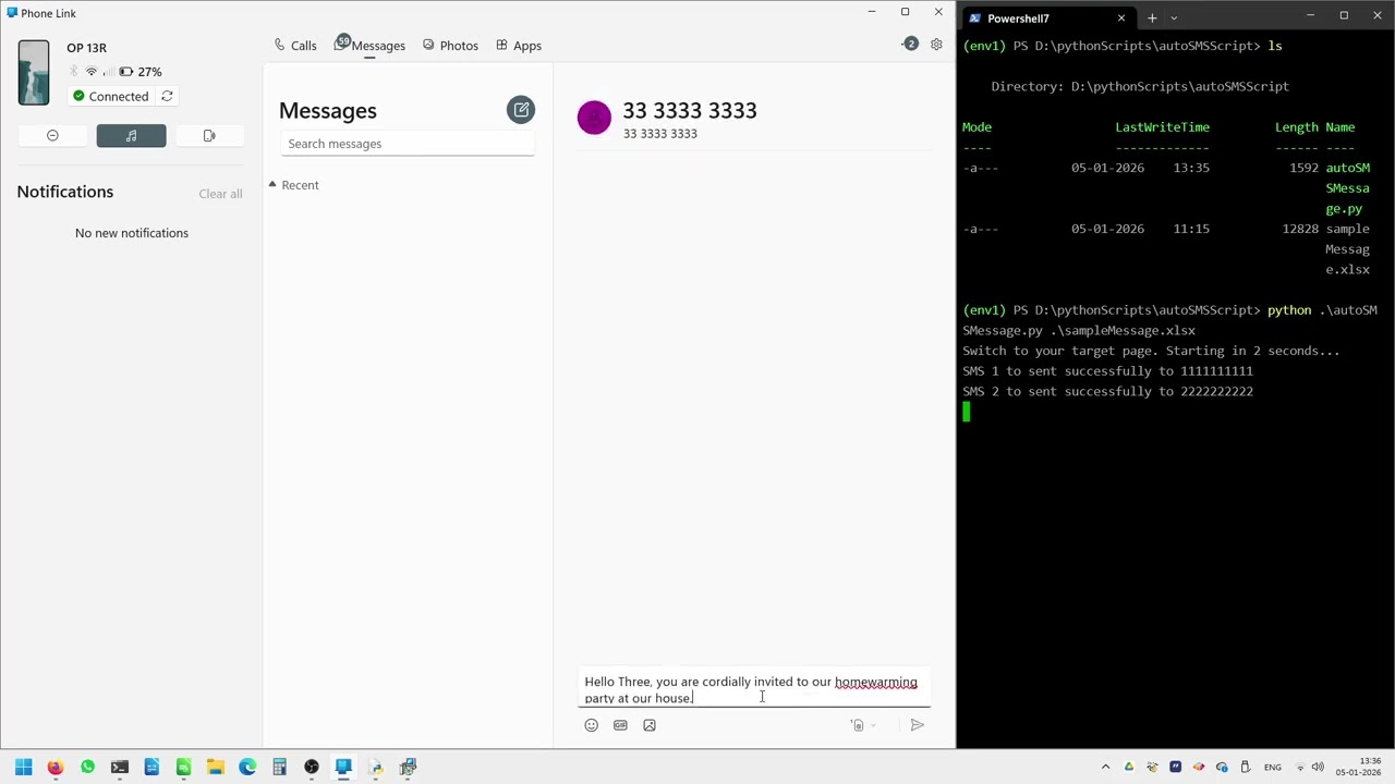 Sending 100 sms automatically using python and Microsoft Phone Link