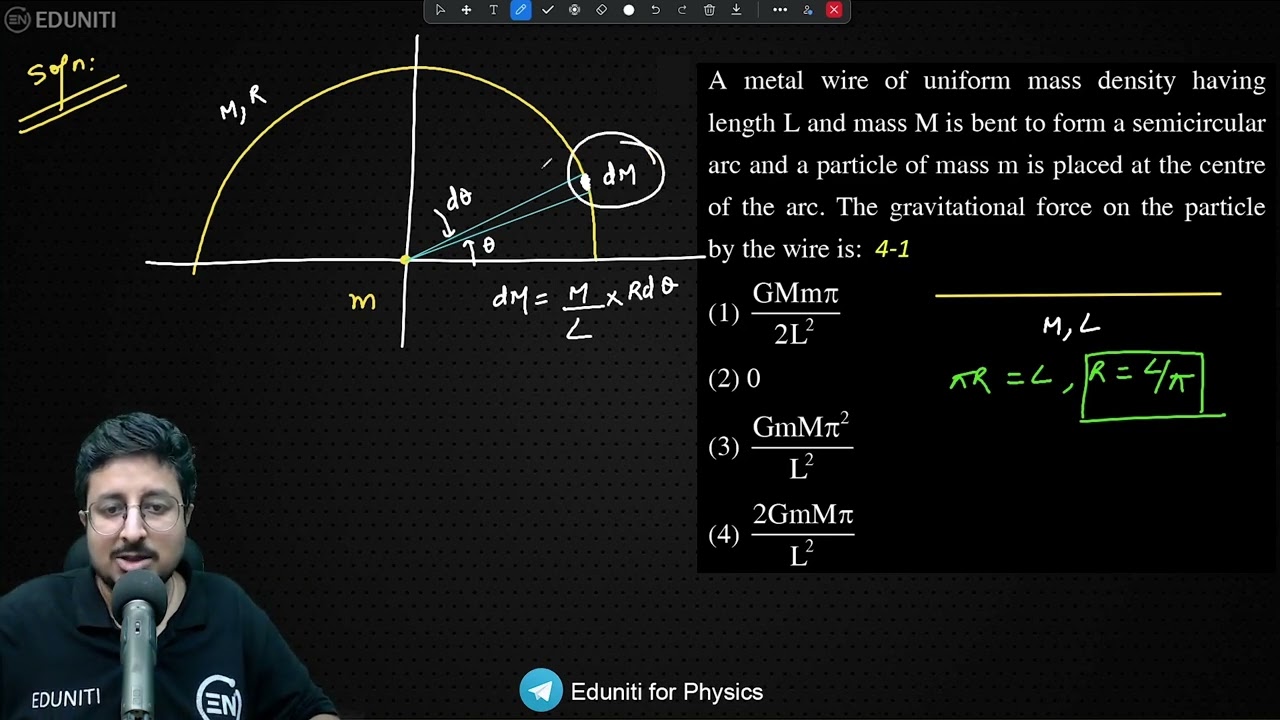 A metal wire of uniform mass density having length L and mass M is bent to form a semicircular arc a