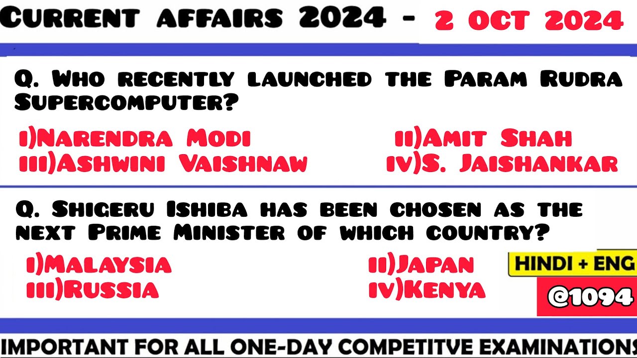 02 October 2024 Current Affair Questions | Daily Current Affairs ...