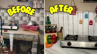 Kitchen Makeover with wallpapers|DIY countertop organisation|budget kitchen makeover