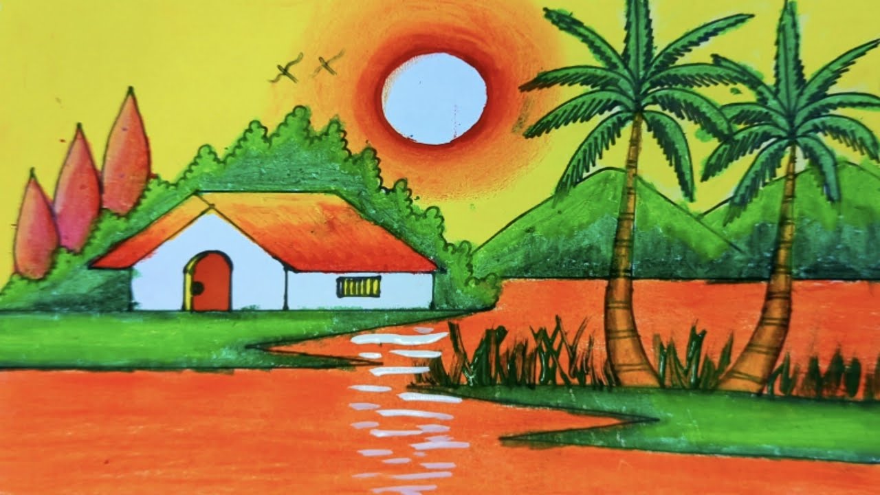 How to Draw a Beautiful Village Scenery Drawing | Sunset River Landscape with Colorful Nature Art 