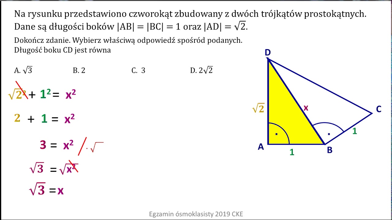 Przedstawiono czworokąt zbudowany z dwóch trójkątów prostokątnych