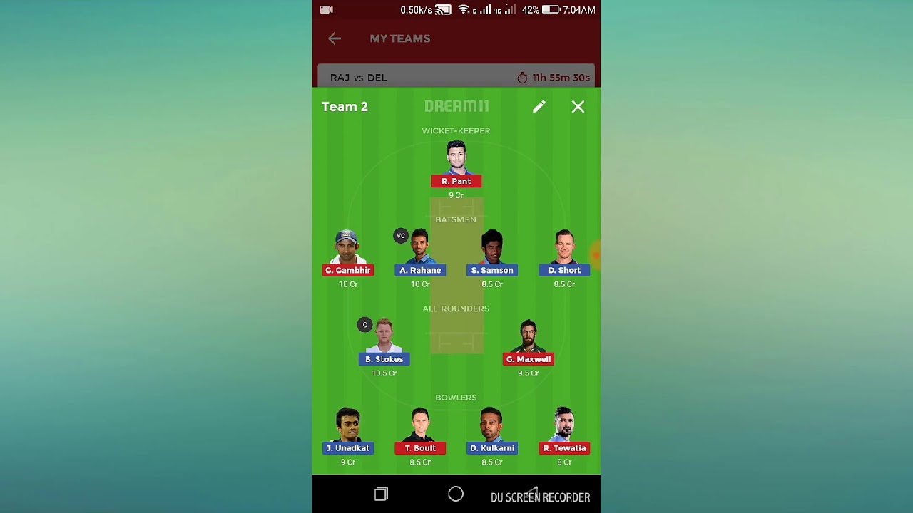 DD VS RR 6TH MATCH / VIVO IPL 2018/ PLAYING 11/ DREAM 11 TEAM / ONLY SMALL LEAGUE TEAM