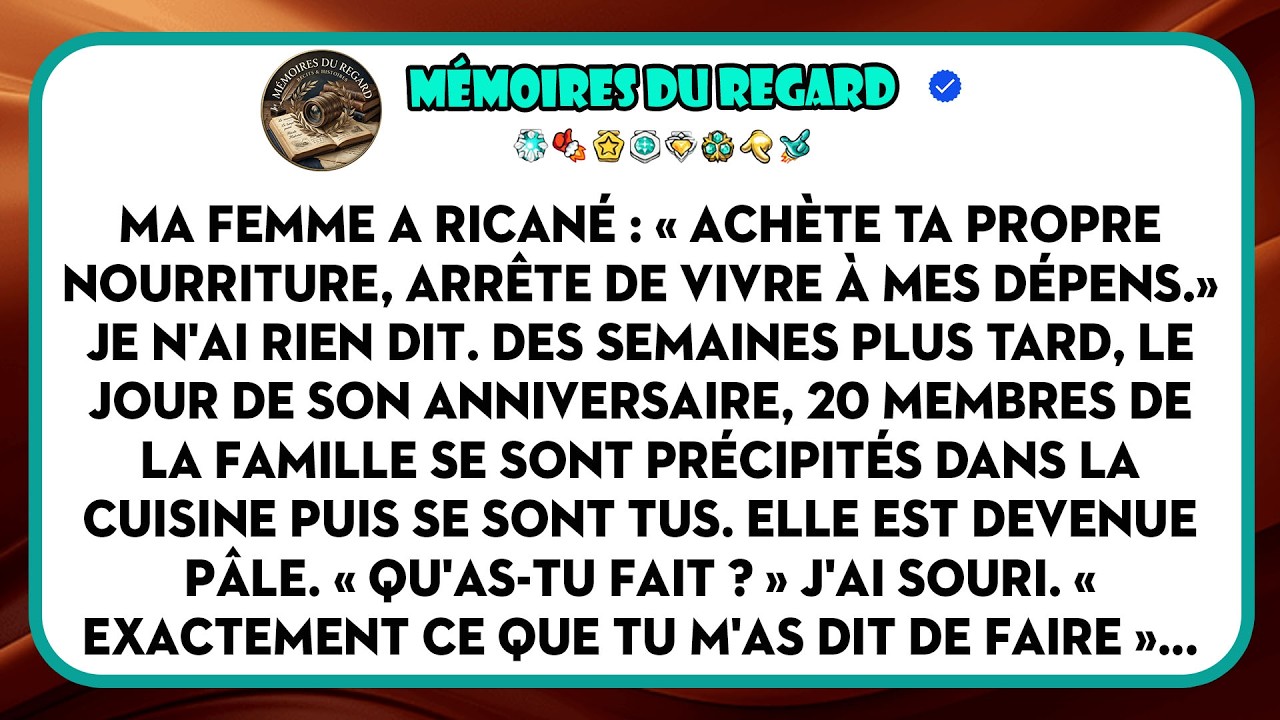 Ce mercredi de novembre, je préparais un simple sandwich à la dinde dans ma propre cuisine quand ma femme m'a arraché l'assiette des mains. « Achète ta propre nourriture, arrête de vivre à mes...