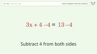 Solve 3x+4=13: Linear Equation Video Solution | Tiger Algebra