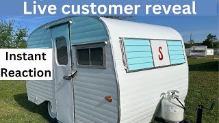 Final reveal, LIVE customer reaction 1967 Serro Scotty Sportsman Gaucho vintage camper rebuild