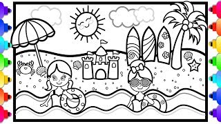 How to Draw a Beach Scene for Kids 🌈🏖🌈Beach Coloring Page for Kids 🐠💙🐠