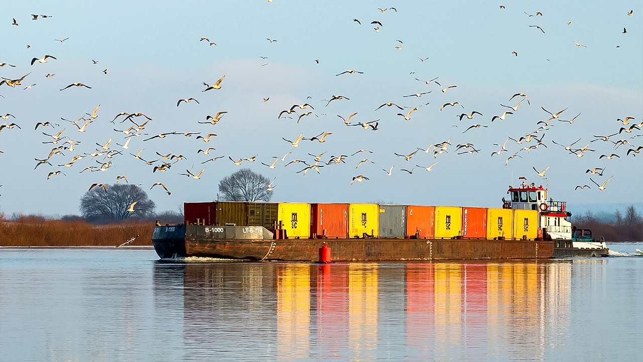 Контейнерная баржа, толкаемая буксиром, на реке Неман | Литва
