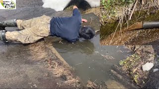 集水枡からあふれる水を処理してホースの泥も出しました