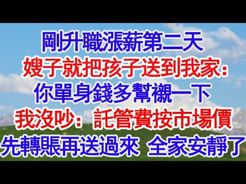 剛升職漲薪第二天嫂子就把孩子送到我家：你單身錢多幫襯一下我沒吵只回：託管費按市場價先轉賬再送過來 全家安靜了#人生感悟 #情感#為人處世#小說#家庭#倫理故事