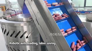 Automatic sausage loader with auto arranging, sorting and feeding, for sausage production lines.