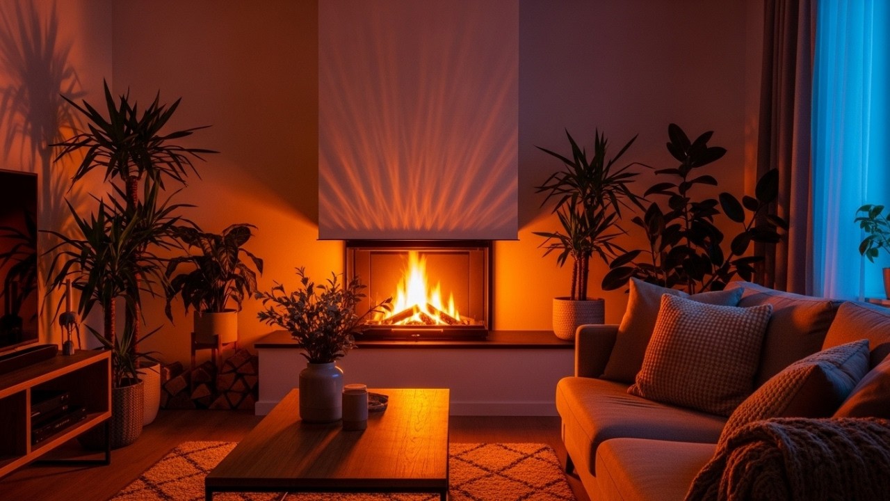 Modern Fireplace at Night 🔥 Calm Rainy Home Ambience for Relaxation (4K)