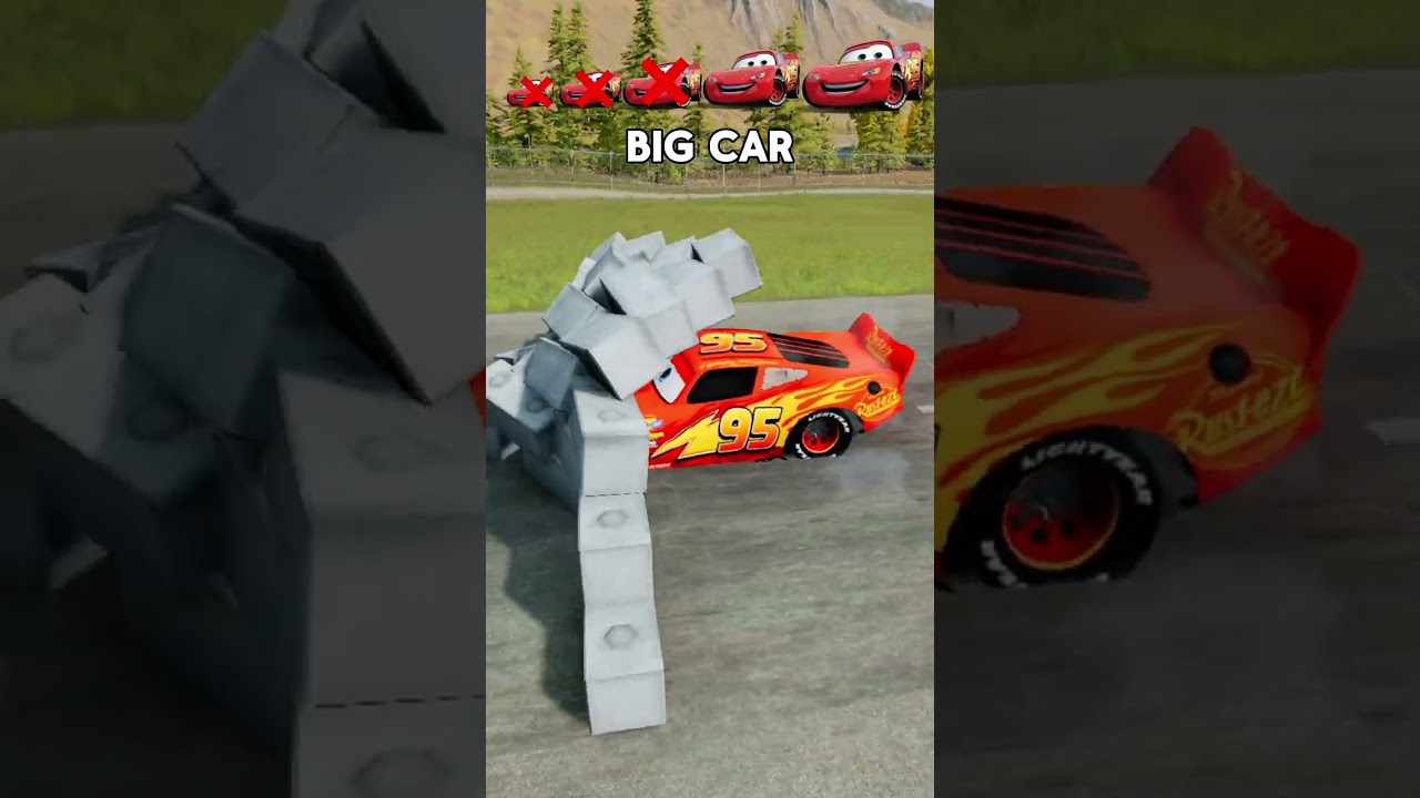 Большой и маленький Молния Маккуин против огромной стены BeamNG.drive 