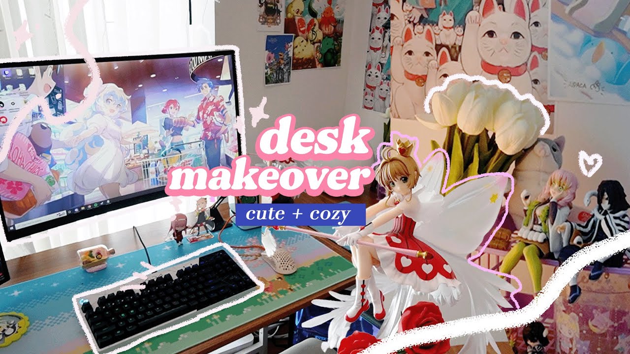 aesthetic desk setup makeover 🍃 my cozy anime room 💫 (soft pastel