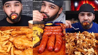 (ASMR NO TALKING) FISH & CHIPS, CHEESEBURGERS, SAUSAGES, RIBS, AND POUTINE MUKBANG