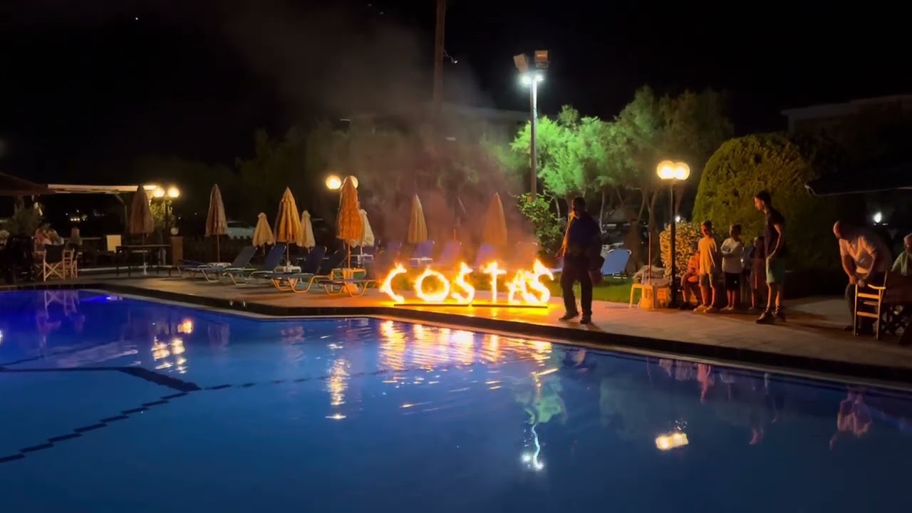 Costas Pool Bar Kalamaki. Greek night Fire on Pool