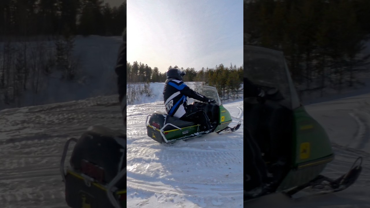 Three vintage snowmobiles with three old guys having fun 🤩 #johndeeregreen #oldscool #coolclassics