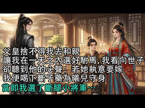 【一口氣看完】父皇捨不得我去和親，讓我在一天之內選好駙馬，我看向世子，卻聽到他的心聲：若她執意要嫁，我便喝下斷子藥為曦兒守身，當即我選了斷腿小將軍…#古言 #有聲小說 #情感故事