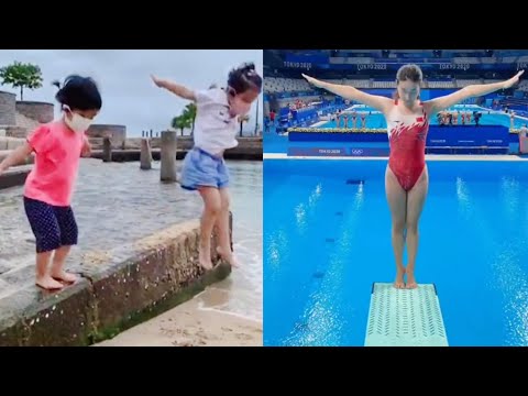 郭晶晶晒孩子跳水画面，曝光豪宅超大泳池，女神穿泳衣挑战全红婵
