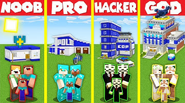 Minecraft Battle: POLICE STATION HOUSE BUILD CHALLENGE - NOOB vs PRO vs HACKER vs GOD / Animation