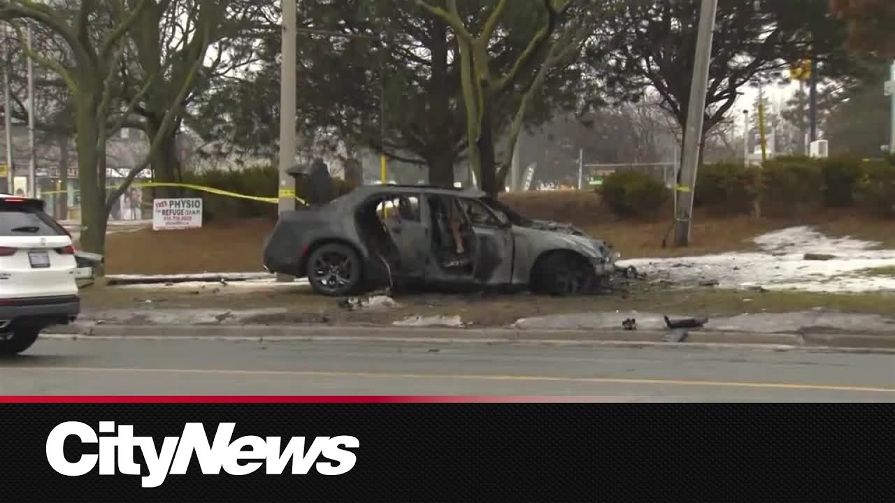 Two arrested after vehicle crashes into pole before catching fire - YouTube