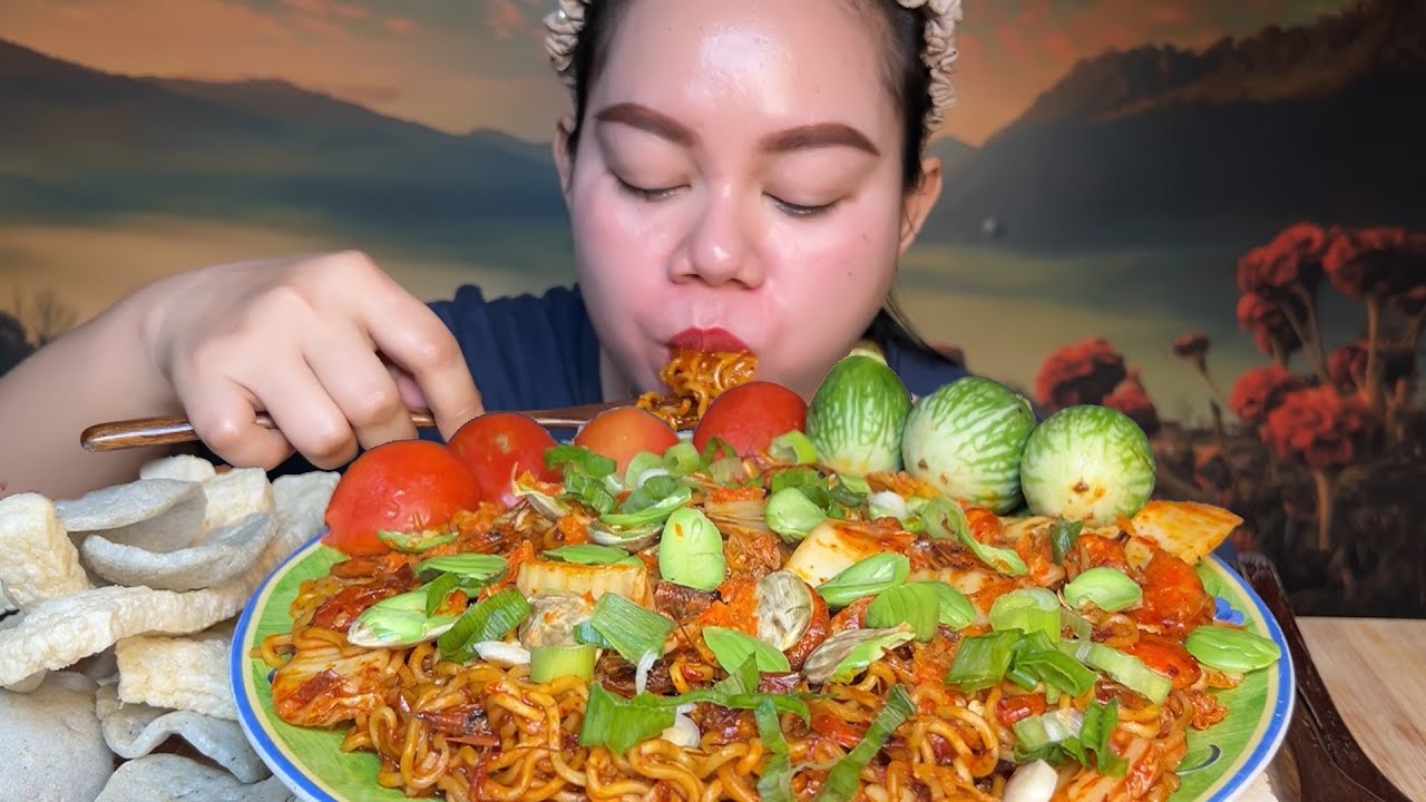 mie goreng nyemek  udang pedas pakai pete lalaban terong tomat,kerupuk jengkol MUKBANG
