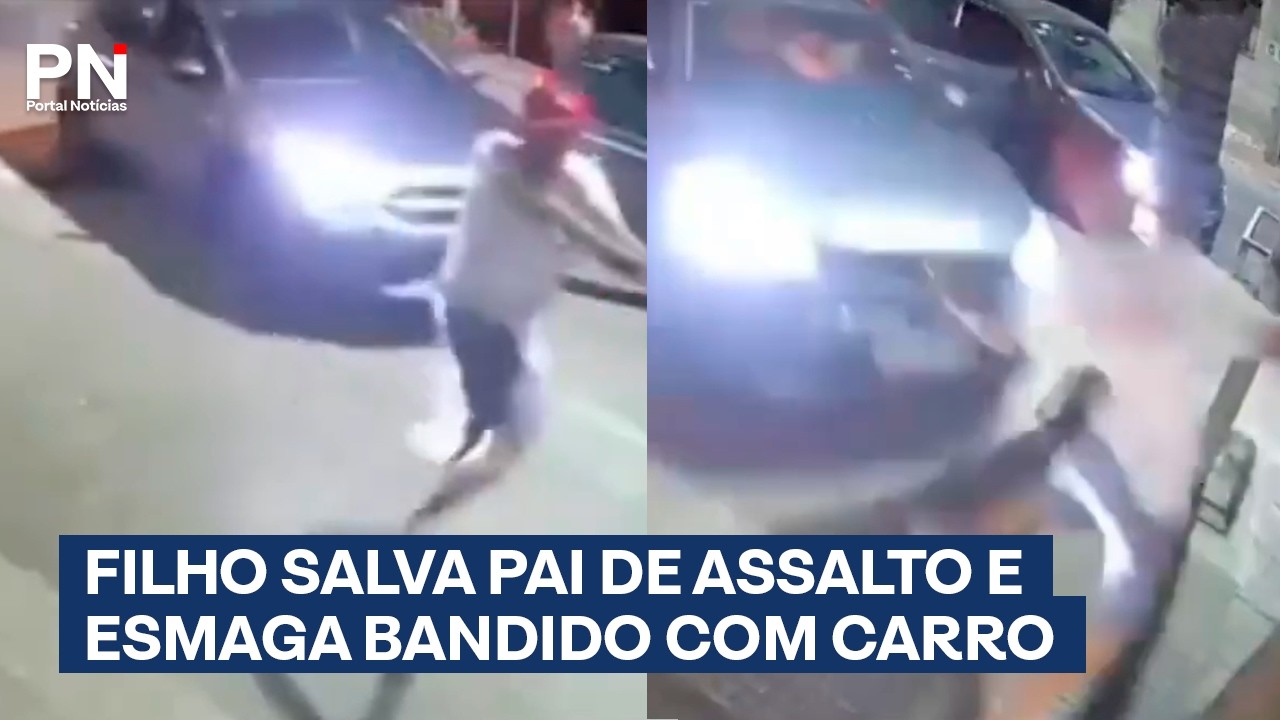 Jovem vê pai sendo assaltado e lança carro contra criminoso