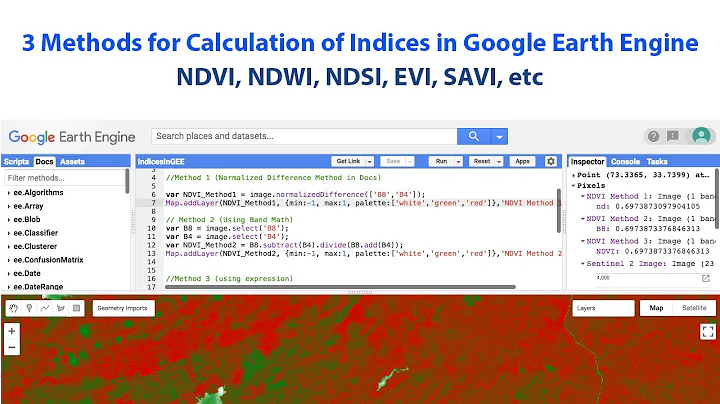 How to calculate Indices (NDVI, NDWI, NDSI, NDBI, EVI, SAVI, etc.) in Google Earth Engine?