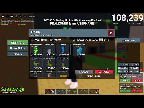 🔴LIVE! (Day 50)  Trading In Steal A Brainrot From Noobini To A Rainbow Strawberry Elephant | Roblox