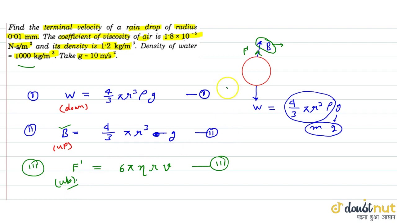 Find the terminal velocity of a rain drop of radius 0.01 mm. The coefficient of viscosity of air