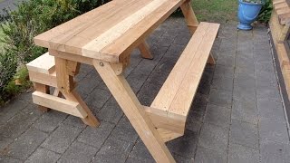 Go to http://www.buildeazy.com/1pce2x4-1.php for plans and instructions. This is the fifth different type of folding picnic table I have 