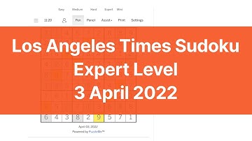 Los Angeles Times Sudoku Expert Level #1008 - 3 April 2022