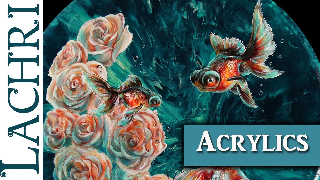 ⁣Painting goldfish in acrylics over Liquitex Pouring Medium - Lachri