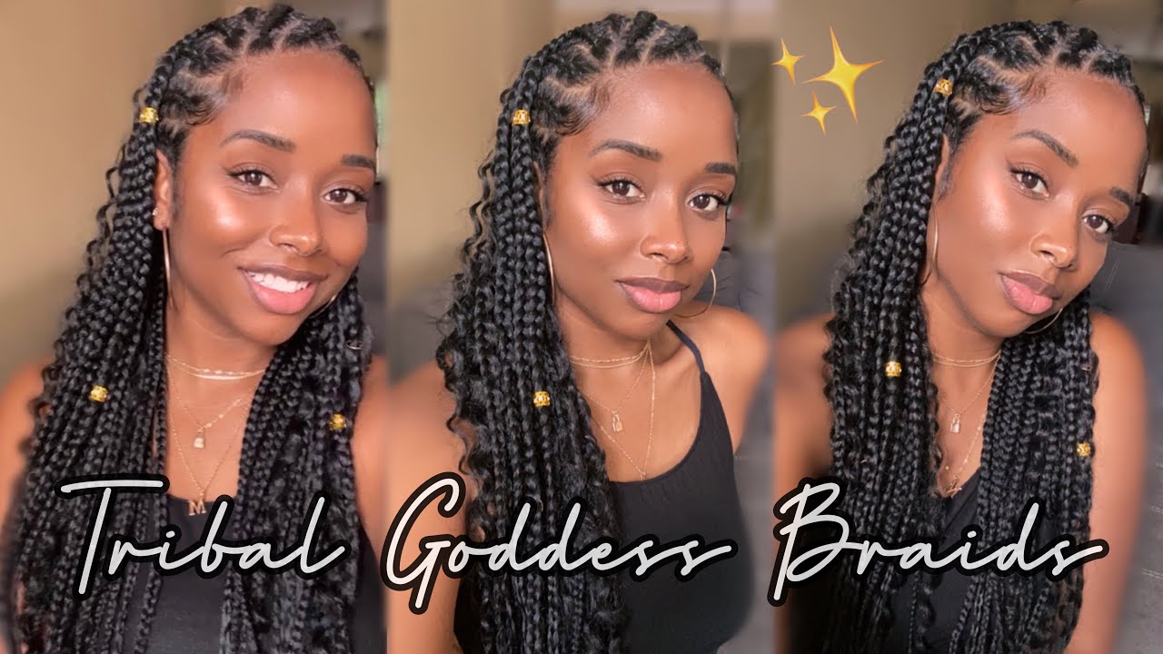 DIY Tribal / Fulani Braids with Curls  Half Feed-in Half Knotless Goddess  Braids Tutorial 